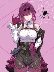 1girl arm_behind_back black_jacket black_shorts breasts clothing_cutout collared_shirt commentary_request cowboy_shot eyewear_on_head finger_gun finger_gun_to_head glasses gloves gun high-waist_shorts highres holding holding_gun holding_weapon honkai:_star_rail honkai_(series) jacket jacket_on_shoulders kafka_(honkai:_star_rail) large_breasts long_sleeves pantyhose parted_lips pince-nez pink_background purple_eyes purple_gloves purple_hair purple_pantyhose revision saint_laurent_paris shirt shorts shoulder_cutout silk simple_background smile solo spider_web submachine_gun sunglasses weapon white_shirt