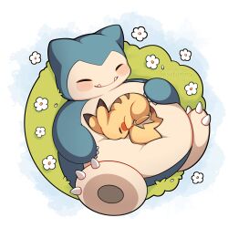 Rule 34 | absurdres, blush, closed eyes, closed mouth, curled up, fangs, field, flower, gen 1 pokemon, grass, highres, lying, nintendo, no humans, outdoors, pikachu, pokemon, pokemon (creature), pokemon focus, sevi (seviyummy), sleeping, smile, snorlax