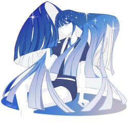 Rule 34 | 1other, belt, black necktie, black shorts, black suit, blue eyes, blue hair, collared shirt, colored skin, floating hair, formal clothes, gem uniform (houseki no kuni), highres, houseki no kuni, jacket, lapis lazuli (houseki no kuni), long hair, looking at viewer, mt5 014, necktie, no mouth, other focus, puffy short sleeves, puffy sleeves, shirt, short shorts, short sleeves, shorts, simple background, sitting, solo, sparkle, suit, suit jacket, very long hair, white background, white shirt, white skin