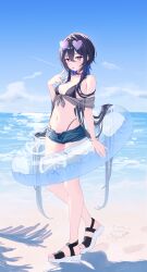 1girl absurdres beach bikini black_bikini black_choker black_hair blue_hair breasts choker eyewear_on_head hair_between_eyes highres ichinose_uruha innertube long_hair medium_breasts meercat_dayo multicolored_hair purple_eyes sandals short_shorts shorts sky solo streaked_hair sunglasses swim_ring swimsuit swimsuit_under_clothes tongue tongue_out very_long_hair virtual_youtuber vspo!