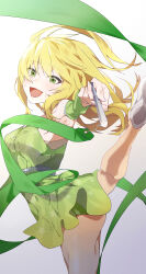 1girl absurdres blonde_hair cheerleader cowboy_shot dress floating_hair green_dress green_eyes highres holding hoshii_miki idolmaster idolmaster_(classic) katsu_(kana) leg_up long_hair looking_at_viewer open_mouth outstretched_arm shoes simple_background smile solo standing standing_on_one_leg white_background white_shoes