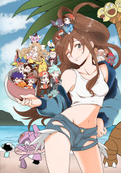 3girls 6+boys :d ;) alolan_exeggutor alolan_form bare_shoulders baseball_cap beldum black_bow black_bowtie black_hair blue_eyes blue_hair blush bow bowtie breasts brown_hair caitlin_(pokemon) carvanha chibi closed_mouth cloud collarbone creatures_(company) darach_(pokemon) day denim denim_shorts double_bun fangs game_freak gen_1_pokemon gen_3_pokemon gen_4_pokemon gen_5_pokemon gen_7_pokemon genesect glasses gothita grimsley_(pokemon) growlithe hair_between_eyes hair_bun hat highres hilbert_(pokemon) hilda_(pokemon) hugh_(pokemon) innertube legendary_pokemon long_hair looking_at_viewer multiple_boys multiple_girls mythical_pokemon nate_(pokemon) navel nintendo ocean on_head one_eye_closed opaque_glasses open_mouth outdoors pikachu piplup pokemon pokemon_(creature) pokemon_bw2 pokemon_on_head ponytail red_(pokemon) red_headwear rosa_(pokemon) ryuusei_(trickster) sableye short_hair short_shorts shorts smile standing steven_stone swim_ring tank_top trapinch tympole visor_cap white_tank_top zorua
