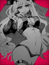 Rule 34 | 1girl, arm up, ass, baobhan sith (fate), baobhan sith (second ascension) (fate), bikini, breasts, cleavage, closed mouth, fate/grand order, fate (series), from below, large breasts, legs, long hair, monochrome, narrow waist, navel, ogura hasu, partially colored, perky breasts, red background, serious, solo, swimsuit, thigh strap, thighs, upper body