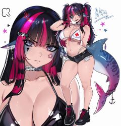 Rule 34 | 1girl, absurdres, adramallih, anchor ornament, anger vein, animal ear piercing, animal ears, arm behind back, bare arms, bare legs, bare shoulders, bikini, bikini under shorts, bikini visible through clothes, black hair, black shoes, blue eyes, breasts, chain, choker, cleavage, collarbone, contrapposto, exposed pocket, facial mark, fins, fish tail, gills, hair between eyes, hair ornament, hairclip, hand in own hair, heart, heart facial mark, heart hair ornament, highres, large breasts, licking lips, long hair, looking at viewer, mark under both eyes, micro shorts, multicolored hair, multiple views, navel, original, outline, piercing, pink hair, puff of air, shark tail, sharp teeth, shoes, shorts, simple background, star (symbol), star facial mark, stomach, streaked hair, swimsuit, tail, tail ornament, tail piercing, teeth, thick thighs, thighs, tongue, tongue out, twintails, whistle, whistle around neck, white background, white bikini, white outline