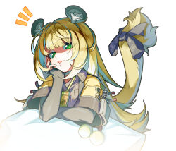 1girl absurdres animal_ear_fluff animal_ears black_gloves elbow_gloves gloves hair_between_eyes hand_on_own_cheek hand_on_own_face highres jacket ju_fufu long_hair orange_fur shirt striped_fur tail tail_ornament tiger_ears tiger_girl tiger_stripes tiger_tail upper_body wolfour3 yellow_jacket zenless_zone_zero