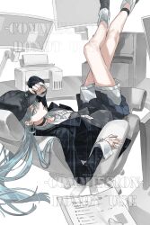 1girl bead_necklace beads black_hat black_jacket blue_eyes blue_hair commission english_text hat highres jacket jewelry looking_at_viewer necklace on_chair original shirt shorts solo tacfigure watermark white_shirt white_shorts