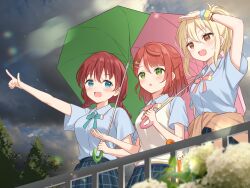 3girls absurdres after_rain blonde_hair blue_eyes blue_shirt blurry blush bokeh braid breasts brown_hair cardigan cardigan_around_waist clothes_around_waist cloud cloudy_sky commentary_request depth_of_field emma_verde fence flower green_eyes hair_between_eyes hair_ornament hairclip hanazora_satsuki highres holding holding_umbrella hydrangea lens_flare looking_ahead love_live! love_live!_nijigasaki_high_school_idol_club medium_breasts medium_hair miyashita_ai multiple_girls neck_ribbon nijigasaki_school_uniform open_mouth orange_eyes outdoors outstretched_arm pink_hair plaid_clothes plaid_skirt pleated_skirt pointing pointing_forward ponytail ribbon school_uniform scrunchie shirt short_sleeves sidelocks skirt sky smile summer_uniform sweater_vest twin_braids uehara_ayumu umbrella wrist_scrunchie