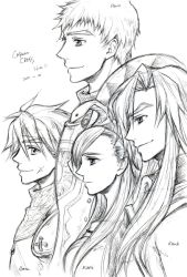 1girl armor breastplate breasts chrono_cross commentary_request dario glenn headband karsh long_hair mi_(matilda-mc) multiple_boys riddel short_hair smile very_long_hair