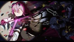 1girl 3others black_coat closed_eyes coat eyewear_on_head glasses gloves guitar gun highres holding holding_guitar holding_gun holding_instrument holding_polearm holding_weapon honkai:_star_rail honkai_(series) instrument kafka_(honkai:_star_rail) long_hair multiple_others music pince-nez playing_guitar playing_instrument polearm purple_gloves purple_hair shirt smile spider_web_print upper_body weapon white_shirt yodaka002