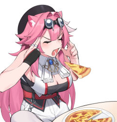 1girl animal_ear_fluff animal_ears breasts cleavage closed_eyes concentrating dasdokter finger_to_head fingers_to_head floating food highres hololive hololive_english levitation long_hair man_levitating_pizza_(meme) meme multicolored_hair mundane_utility open_mouth panther_ears panther_girl pink_hair pizza pizza_box pizza_slice raora_panthera raora_panthera_(1st_costume) simple_background solo streaked_hair telekinesis virtual_youtuber white_background