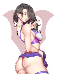 Rule 34 | 1girl, artist request, ass, back tattoo, bare shoulders, belt, black hair, blowing kiss, breasts, cheerleader, cinder fall, clothes lift, cosplay, crop top, hair over one eye, heart, highres, jessica nigri, juliet starling, juliet starling (cosplay), leg warmers, lollipop chainsaw, long hair, looking at viewer, mature female, medium breasts, midriff, nail polish, non-web source, panties, parted lips, red belt, red nails, red panties, rwby, simple background, skirt, skirt lift, smile, solo, source request, tattoo, thighhighs, trait connection, underwear, yellow eyes