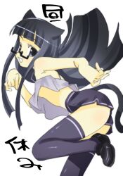 1girl animal_ears black_hair black_shoes black_shorts black_thighhighs cat_ears cat_girl cat_tail clothes_lift dolphin_shorts floating glasses highres loafers long_hair looking_at_viewer original semi-rimless_eyewear shirt_lift shoes short_shorts shorts simple_background smile solo standing standing_on_one_leg tail tank_top thighhighs veloexotica white_background