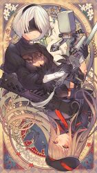 2b_(nier:automata) 2girls absurdres beret black_choker black_gloves black_headwear breasts brown_hair choker cleavage closed_mouth collared_shirt crossover gloves goddess_of_victory:_nikke bad_tag hat highres kamui_natsuki long_hair long_sleeves medium_breasts mole mole_under_mouth multiple_girls necktie nier:automata nier_(series) pod_(nier:automata) rapi_(nikke) red_necktie shirt short_hair upper_body upside-down voice_actor_connection white_hair