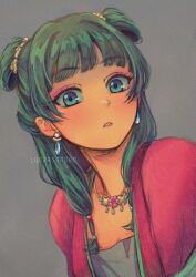 1girl blue_eyes blue_gemstone earrings gem green_hair grey_background hair_ornament highres jewelry kusuriya_no_hitorigoto long_hair lunargardenn makeup maomao_(kusuriya_no_hitorigoto) mascara necklace parted_lips sketch solo upper_body