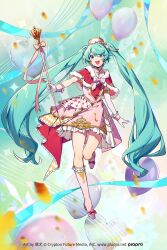 1girl :d aqua_eyes aqua_hair artist_name asymmetrical_gloves bad_source balloon baton_(weapon) blush boots bow bracelet character_name copyright_name dress elbow_gloves frilled_dress frills full_body fur-trimmed_gloves fur_trim gloves hair_between_eyes hat hatsune_miku high_heel_boots high_heels highres holding jewelry leg_up long_bangs long_hair looking_at_viewer official_art open_mouth oyo_hitsuji ribbon sidelocks smile solo standing standing_on_one_leg teeth twintails upper_teeth_only very_long_hair vocaloid watermark weapon