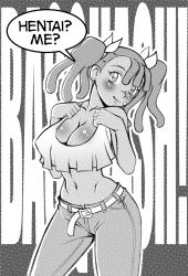 Rule 34 | 1girl, artist request, ayukawa miyuki, bandaid, basquash!, black hair, blush, breasts, cleavage, highres, large breasts, legs, midriff, monochrome, navel, pants, smile, tank top, thighs, third-party edit, twintails