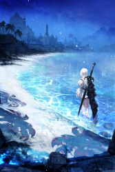 Rule 34 | 1girl, beach, building, cape, concept art, dress, fantasy, fm, from above, from behind, highres, kurasuta, long hair, night, night sky, official art, original, outdoors, palm tree, partially submerged, sand, scenery, shadow, shore, sky, sword, sword on back, tree, water, weapon, weapon on back, white dress, white hair, wide sleeves