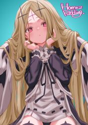 1girl artist_name black_dress black_panties black_thighhighs blonde_hair blue_background closed_mouth dress expressionless flat_chest forehead_tattoo gothic_lolita highres lolita_fashion long_hair looking_at_viewer mahou_shoujo_ni_akogarete morino_korisu nero_alice panties pantyshot puddinghomhom red_eyes simple_background sitting solo thighhighs underwear very_long_hair white_dress