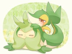 blush bubble closed_eyes closed_mouth commentary_request em_ivy_akippoi gen_5_pokemon half-closed_eyes looking_down nintendo no_humans pokemon pokemon_(creature) red_eyes sitting snivy swadloon wavy_mouth