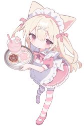 Rule 34 | 1girl, :&lt;, animal ears, apron, blonde hair, cat ears, center-flap bangs, cookie, donut, dress, drink, food, foreshortening, frilled apron, frilled dress, frills, from above, full body, hair ornament, highres, holding, holding tray, looking at viewer, maid, maid apron, maid headdress, no nose, nororofolio, original, pink dress, pink eyes, solo, striped clothes, striped thighhighs, thighhighs, tray, waitress, white apron, white background, x hair ornament