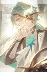 Rule 34 | 1boy, anaxa (honkai: star rail), aqua hair, black jacket, blue eyes, closed mouth, eyepatch, hair over one eye, hand up, highres, honkai: star rail, honkai (series), jacket, jewelry, male focus, medium hair, multiple rings, one eye covered, pink pupils, ring, roscoe (onyx black89), smile, solo, unworn eyepatch, upper body