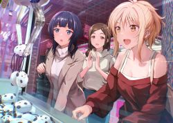 3girls alt_text arcade asaka_karin backpack bag blonde_hair blue_eyes blue_hair brown_hair chromatic_aberration clapping coat crane_game grey_coat happy indoors kawamoto_misato lapels love_live! love_live!_nijigasaki_high_school_idol_club medium_hair miyashita_ai multiple_girls notched_lapels off-shoulder_sweater off_shoulder open_mouth orange_eyes ponytail red_sweater shamakho short_ponytail shoulder_bag sidelocks stuffed_animal stuffed_panda stuffed_toy sweater yellow_eyes