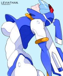 1girl absurdres armor blue_armor blue_background blue_helmet breasts character_name covered_eyes cowboy_shot fairy_leviathan_(mega_man) from_side head_back helmet highres medium_breasts mega_man_(series) mega_man_zero_(series) profile rainbow-knife simple_background smile solo