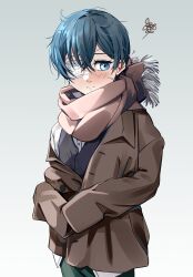 1boy absurdres blue_eyes blue_hair blush ciel_phantomhive closed_mouth eyepatch hair_between_eyes highres kuroshitsuji long_sleeves male_focus shirt short_hair solo uneasywolf white_background