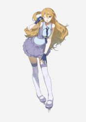 Rule 34 | 1girl, absurdres, adjusting hair, amamiya rizumu, argyle clothes, argyle thighhighs, blue gloves, blue necktie, blue shirt, blue vest, brown eyes, brown hair, circle skirt, collared shirt, eyelashes, frilled gloves, frilled skirt, frills, full body, gloves, grey background, hair between eyes, hair ornament, hand on own thigh, happy, heart, heart hair ornament, high-waist skirt, highres, ice skates, idol, lace, lace-trimmed thighhighs, lace trim, leaning forward, long hair, mary janes, miniskirt, morgue (southsakura), necktie, one eye closed, one side up, open mouth, pretty rhythm, pretty rhythm aurora dream, pretty series, purple shoes, purple skirt, purple thighhighs, shirt, shoes, simple background, skates, skirt, sleeveless, smile, solo, standing, star pin, thighhighs, tie clip, very long hair, vest, wavy hair