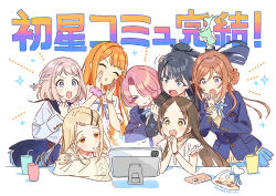 6+girls blue_eyes blue_skirt cookie food gakuen_idolmaster hataya_misuzu highres himesaki_rinami idolmaster katsuragi_lilja kuramoto_china long_hair long_sleeves multiple_girls official_art orange_hair purple_eyes school_uniform shinosawa_hiro shiun_sumika skirt smile tsukimura_temari white_hair