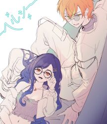 1boy 1girl blue_hair breasts crop_top glasses green_eyes hair_behind_ear highres jacket jewelry long_hair looking_at_viewer midriff momoko_(momoko14) multicolored_hair navel open_mouth orange_eyes orange_hair project_sekai shinonome_akito shiraishi_an short_hair streaked_hair virtual_youtuber white_jacket yellow_eyes