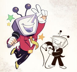 1boy ant_tenna arm_up black_pants colliholly commentary deltarune english_commentary full_body gloves highres holding holding_microphone jacket male_focus microphone multiple_views necktie object_head pants pointy_nose red_jacket shoes smile star_(symbol) tailcoat teeth tongue tongue_out v white_gloves yellow_necktie yellow_shoes
