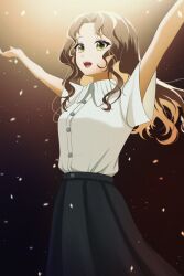 1girl :d anne_(reverse:1999) arms_up black_skirt brown_hair collared_shirt confetti dark_background green_eyes highres long_hair milmil7 open_mouth reverse:1999 shirt short_sleeves skirt smile solo teeth upper_body upper_teeth_only white_shirt