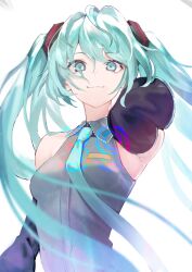 1girl 39 aqua_eyes aqua_hair aqua_necktie armpit_crease armpits bare_shoulders collared_shirt detached_sleeves eyes_visible_through_hair grey_shirt hair_between_eyes hair_flowing_over harutask hatsune_miku highres light_smile long_hair looking_at_viewer necktie shirt sleeveless sleeveless_shirt twintails vocaloid white_background