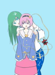 Rule 34 | 2girls, black hairband, blue background, blue shirt, blue skirt, buttons, collared shirt, commentary request, detached sleeves, eyeball, frilled shirt collar, frilled sleeves, frills, frog hair ornament, green hair, hair ornament, hairband, hands on another&#039;s shoulders, heart, heart button, heart hair ornament, hiding, hiding behind another, highres, kochiya sanae, komeiji satori, long sleeves, multiple girls, open mouth, pink hair, pink skirt, shirt, skirt, sleeves past fingers, sleeves past wrists, textless version, third eye, touhou, wide sleeves, yamori (yamoyamo0909)