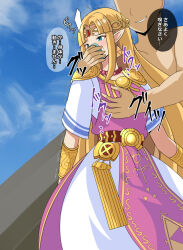 Rule 34 | 1boy, 1girl, appie555, bald male, blonde hair, blue eyes, blue sky, chloroform, convenient censoring, dress, drugged, earrings, evil smile, groping, highres, imminent rape, japanese text, jewelry, long hair, motion lines, nervous, nintendo, pointy ears, princess, princess zelda, sky, smile, speech bubble, super smash bros., the legend of zelda, the legend of zelda: a link between worlds, tiara, translation request, triforce
