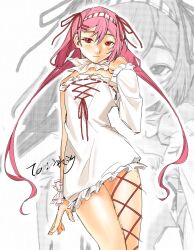 1girl dress flat_chest highres kennomou light_smile long_hair looking_at_viewer original pink_hair red_eyes short_dress sketch solo twintails white_dress zoom_layer
