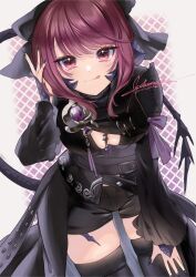 1girl :q au_ra black_shorts black_thighhighs bow capelet cleavage_cutout clothing_cutout dragon_girl dragon_horns dragon_tail final_fantasy final_fantasy_xiv hair_bow highres horns looking_at_viewer nanase_kokono purple_eyes red_eyes scales shorts signature solo tail thighhighs tongue tongue_out twitter_username warrior_of_light_(ff14)