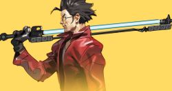 1boy black_hair denim energy_sword gloves jacket jeans male_focus nin_nakajima no_more_heroes pants red_jacket shirt short_hair smile solo sunglasses sword travis_touchdown weapon