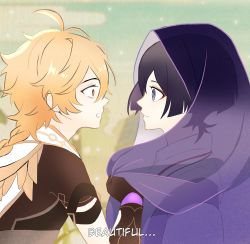 Rule 34 | 2boys, aether (genshin impact), ahoge, arm armor, back, blonde hair, blue eyes, blue sky, braid, brown eyes, brown shirt, closed mouth, cloud, cloudy sky, commentary, detached sleeves, english commentary, english text, genshin impact, hair between eyes, hand up, highres, julydelic, kuronushi (genshin impact), long hair, long sleeves, looking at another, mountain, multiple boys, official alternate costume, outdoors, purple hair, purple shirt, purple vest, scaramouche (genshin impact), scaramouche (kabukimono) (genshin impact), scarf, shirt, short hair, short sleeves, sky, standing, teeth, veil, vest, white scarf, wide sleeves