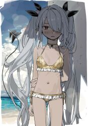 1girl alternate_costume arm_behind_back beach bikini blue_archive blush border breasts choker cowboy_shot day demon_tail frilled_bikini frills gold_bikini grey_hair hair_over_one_eye highres horns iori_(blue_archive) kmmmb111 long_hair ocean outdoors red_eyes sand side-tie_bikini_bottom sketch small_breasts solo standing swimsuit tail twintails