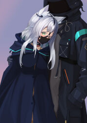 1boy 1girl absurdres animal_ear_fluff animal_ears arknights arms_behind_back breast_bondage breasts coat doctor_(arknights) gag gag_harness gag_under_mask gagged green_eyes grey_hair highres looking_at_viewer medium_breasts nude one_eye_closed restrained rosmontis_(arknights) shibari shibari_under_clothes standing stealth_bondage wanliu