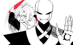 2boys alternate_universe anger_vein angry antenna_hair behind_another chara_(undertale) chinese_commentary clenched_teeth closed_mouth commentary_request fangs father_and_son hair_between_eyes hanbaobaobaozhu hand_up high_contrast highres holding holding_knife hollow_eyes hood hood_down knife layered_sleeves long_sleeves looking_at_another male_focus motion_lines multiple_boys photo-referenced red_eyes scar_across_eyes short_hair short_over_long_sleeves short_sleeves simple_background skeleton skin_fangs spot_color step-parent_and_step-child straight-on teeth undertale upper_body w.d._gaster white_background wide-eyed xtale