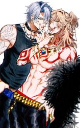 Rule 34 | 2boys, abs, absurdres, antenna hair, arm tattoo, black choker, black pants, black tank top, blonde hair, blue eyes, braid, chest tattoo, choker, facial tattoo, fur trim, gold belt, gold necklace, gold ring, gradient hair, hair between eyes, highres, honkai: star rail, honkai (series), jewelry, looking at viewer, male focus, medium hair, multicolored hair, multiple boys, mydei (honkai: star rail), navel, necklace, pants, phainon (honkai: star rail), piercing, red hair, red nails, red tattoo, simple background, tank top, tattoo, toned, toned male, tongue piercing, topless male, utimkg, v, v over mouth, white background, white hair, yaoi, yellow eyes