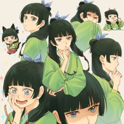 1girl :t animal_ears aoqun backpack_basket beads black_hair blue_bow blue_eyes blunt_bangs bow bowl cat_ears cat_girl cat_tail chibi chinese_clothes chopsticks closed_mouth cropped_torso excited extra_ears floating_hair folded_hair freckles hair_beads hair_bow hair_ornament hair_over_shoulder half_updo hand_on_own_chin hand_up hands_in_opposite_sleeves hanfu highres kemonomimi_mode kusuriya_no_hitorigoto long_hair long_sleeves looking_ahead looking_at_viewer looking_back looking_to_the_side machikokom43502 maomao_(kusuriya_no_hitorigoto) multiple_views open_mouth pig_ears pig_nose profile red_skirt scared sidelocks simple_background skirt sparkle stroking_own_chin tail thinking twintails walking wavy_mouth wide_sleeves
