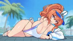 Rule 34 | 1girl, absurdres, bikini, bikini pull, blurry, blurry background, breasts, brown dust (series), brown dust 2, cleavage, clothes pull, full body, groin, hair between eyes, highres, jacket, large breasts, looking at viewer, lying, mago cats, medium hair, on side, one-piece swimsuit, open mouth, orange hair, palm reading, ponytail, pool, purple hair, shoes, solo, swimsuit, visor cap, white bikini, white jacket, white one-piece swimsuit, white shoes, zenith (brown dust)