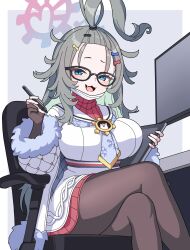 Rule 34 | 1girl, :3, :d, absurdres, ahoge, artist glove, bangs pinned back, black-framed eyewear, blue archive, blue eyes, blush, border, breasts, brown pantyhose, coat, commentary request, crossed legs, drawing tablet, dress, fang, fur-trimmed coat, fur trim, glasses, green hair, hair ornament, hairclip, halo, highres, holding, holding stylus, holding tablet pc, huge ahoge, large breasts, long hair, long sleeves, looking at viewer, meru (blue archive), messy hair, monitor, neckerchief, open mouth, pantyhose, print neckerchief, sailor collar, sitting, smile, solo, stylus, tablet pc, vector (dmlddmld00), white border, white coat, white dress, white sailor collar