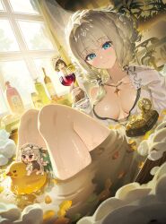 Rule 34 | absurdres, alcohol, bath, blonde hair, blue eyes, bottle, chime (nikke), crown (nikke), dl (dl 6ix), goddess of victory: nikke, highres, hovercraft, kilo (nikke), modernia (nikke), modernia (second affection) (nikke), red wine, smile, talos (nikke), watercraft, wet, white knight (nikke), wine, wine bottle