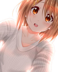 Rule 34 | 1girl, brown eyes, brown hair, collarbone, hair ornament, hairclip, hirasawa yui, k-on!, looking at viewer, medium hair, open mouth, sawanatsu mikan, shirt, simple background, teeth, upper teeth only, white background, white shirt