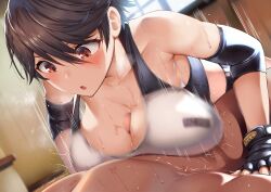 1boy 1girl absurdres bare_shoulders belko breasts brown_eyes censored cleavage clothed_female_nude_male fingerless_gloves gloves hetero highres large_breasts mosaic_censoring motion_blur nude original paizuri paizuri_under_clothes penis penis_peek solo_focus sports_bra tomboy